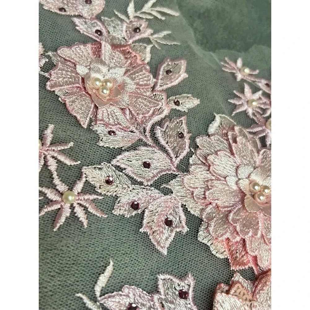 Large Blush Pink Floral Tulle Applique Pearl Rhinestone Bridal Dress Sewing 16